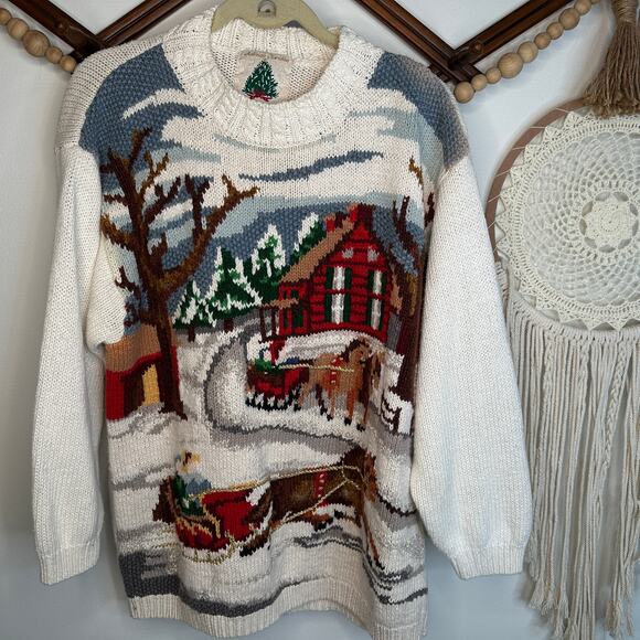 Vintage Christmas Scene Cabin Graphic Granny Ugly Sweater - Picture 1 of 5